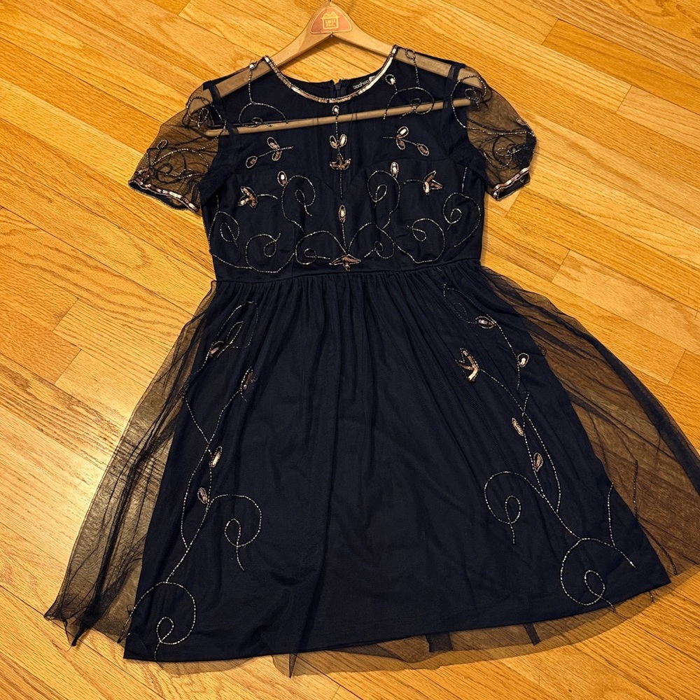 Boohoo B Black Lined Mesh Embroidered Party Dress with Copper Accents